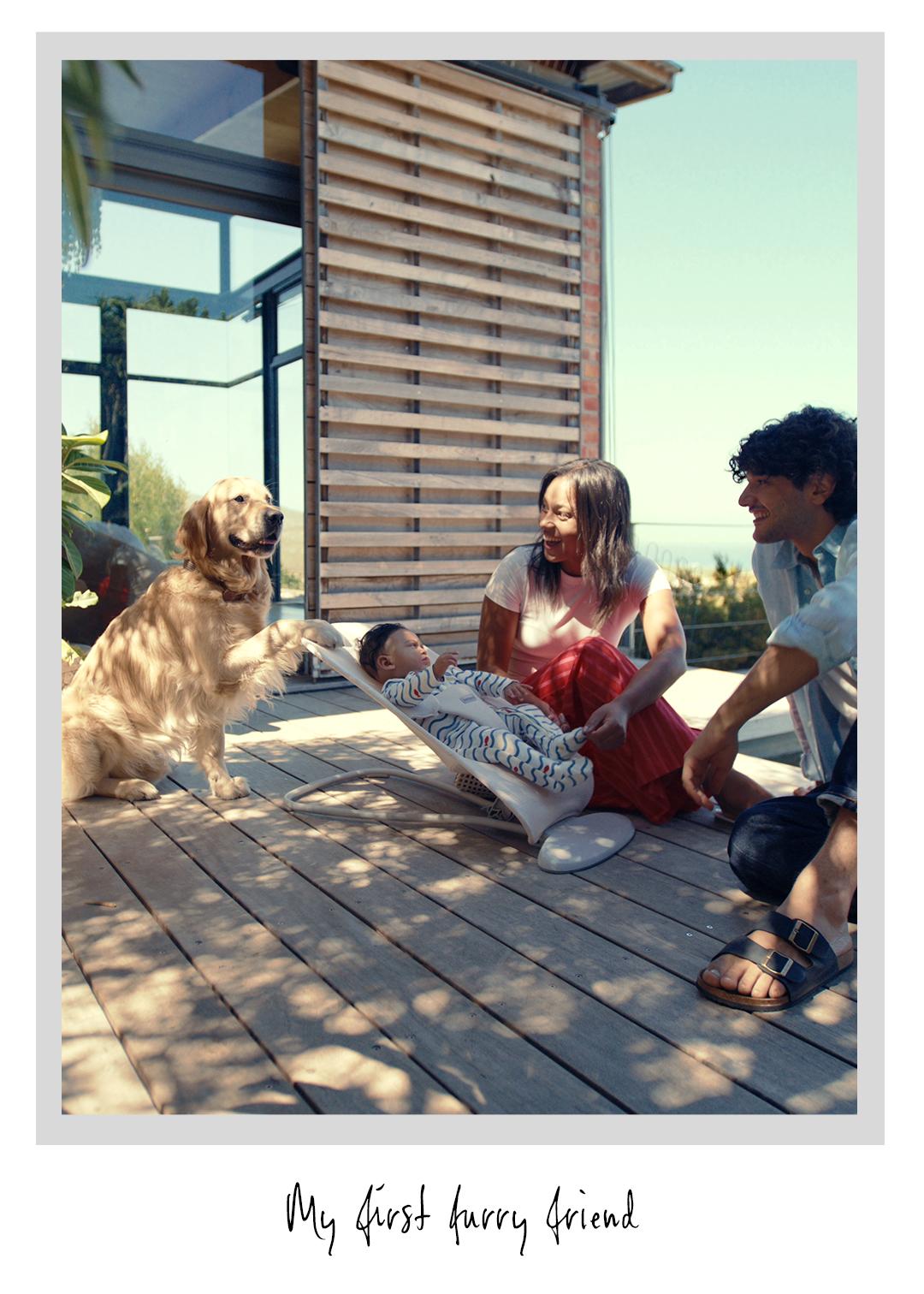 A family with a baby in a carrier and a friendly golden retriever on a sunny deck, with a house and greenery in the background.
